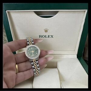 Rolex Women's Watch with Green Dial and Two-Tone Band